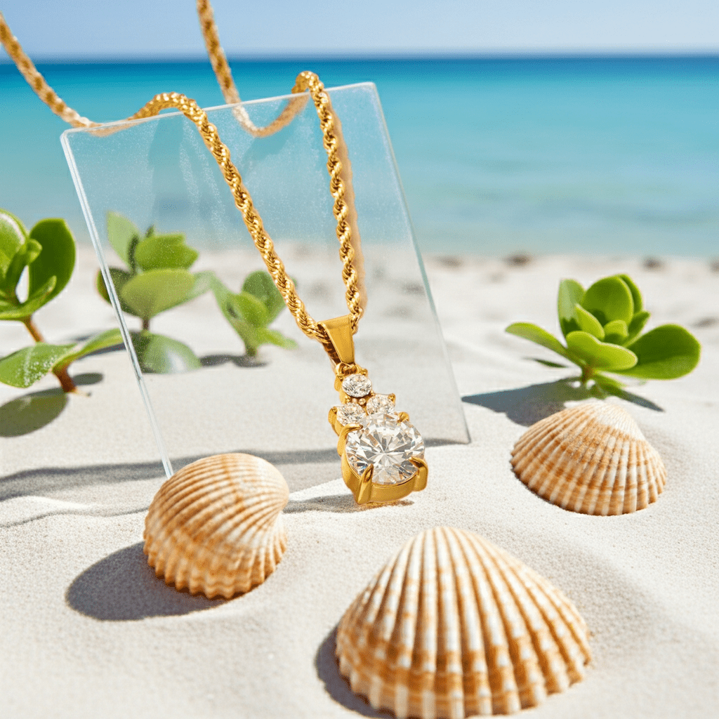 DANAE Gold: Textured Rope Chain with Zirconia Gems Pendant – Trio of Mini Stones on a Larger Gem - MacroPanora