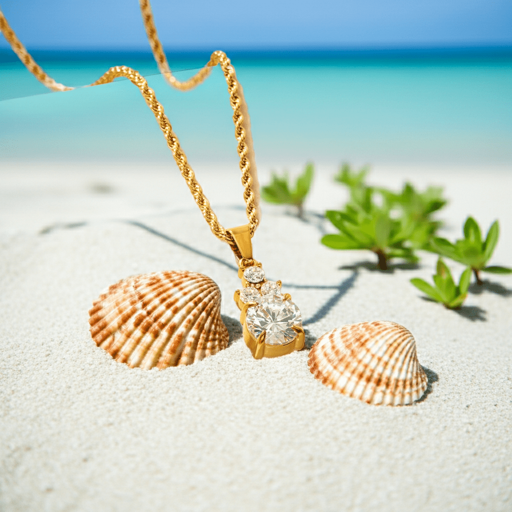 DANAE Gold: Textured Rope Chain with Zirconia Gems Pendant – Trio of Mini Stones on a Larger Gem - MacroPanora