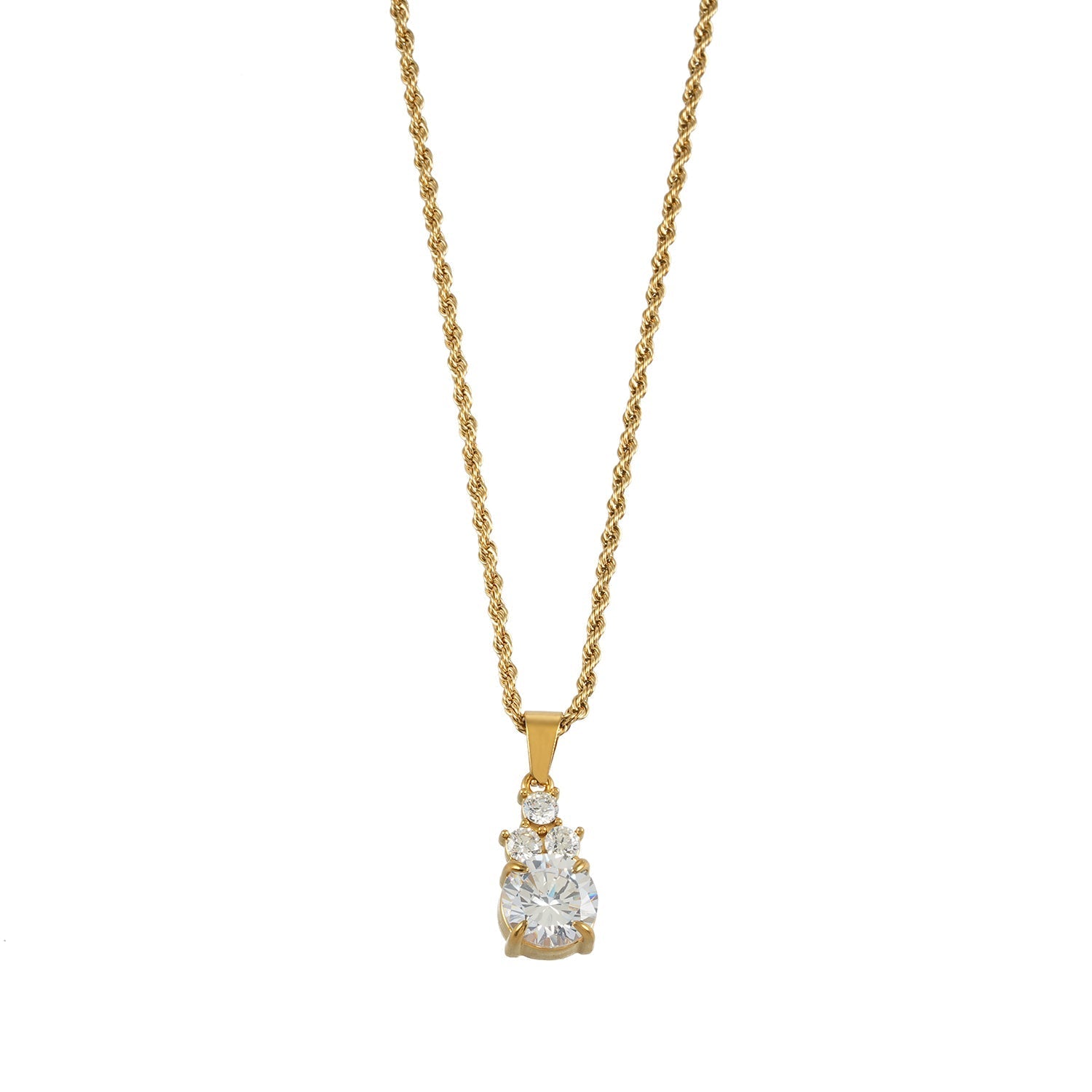 DANAE Gold: Textured Rope Chain with Zirconia Gems Pendant – Trio of Mini Stones on a Larger Gem - MacroPanora