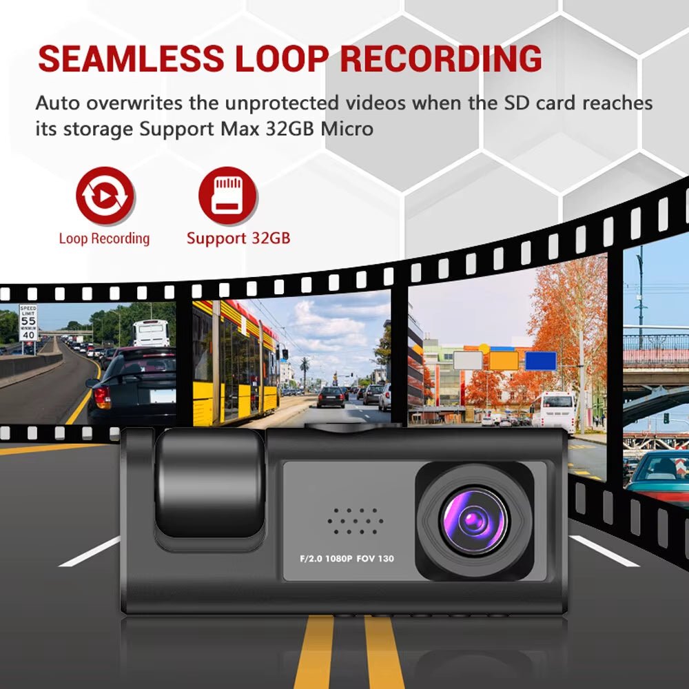 Dash Cam W/ IR Night Vision Loop Recording & 2" IPS Screen 1080P 3 Camera ， DVR Recorder, Video Recorder, Vehicle DVR - MacroPanora