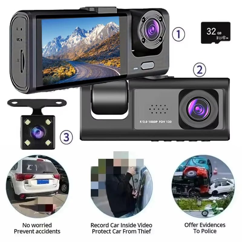 Dash Cam W/ IR Night Vision Loop Recording & 2" IPS Screen 1080P 3 Camera ， DVR Recorder, Video Recorder, Vehicle DVR - MacroPanora