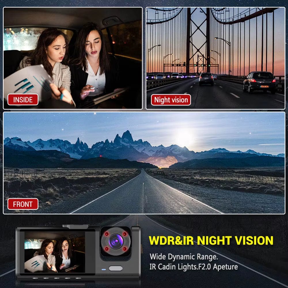 Dash Cam W/ IR Night Vision Loop Recording & 2" IPS Screen 1080P 3 Camera ， DVR Recorder, Video Recorder, Vehicle DVR - MacroPanora