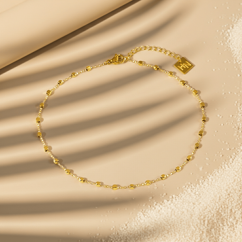 DEMELZA LG: Contemporary Gold Anklet with Delicate Square Beads - MacroPanora