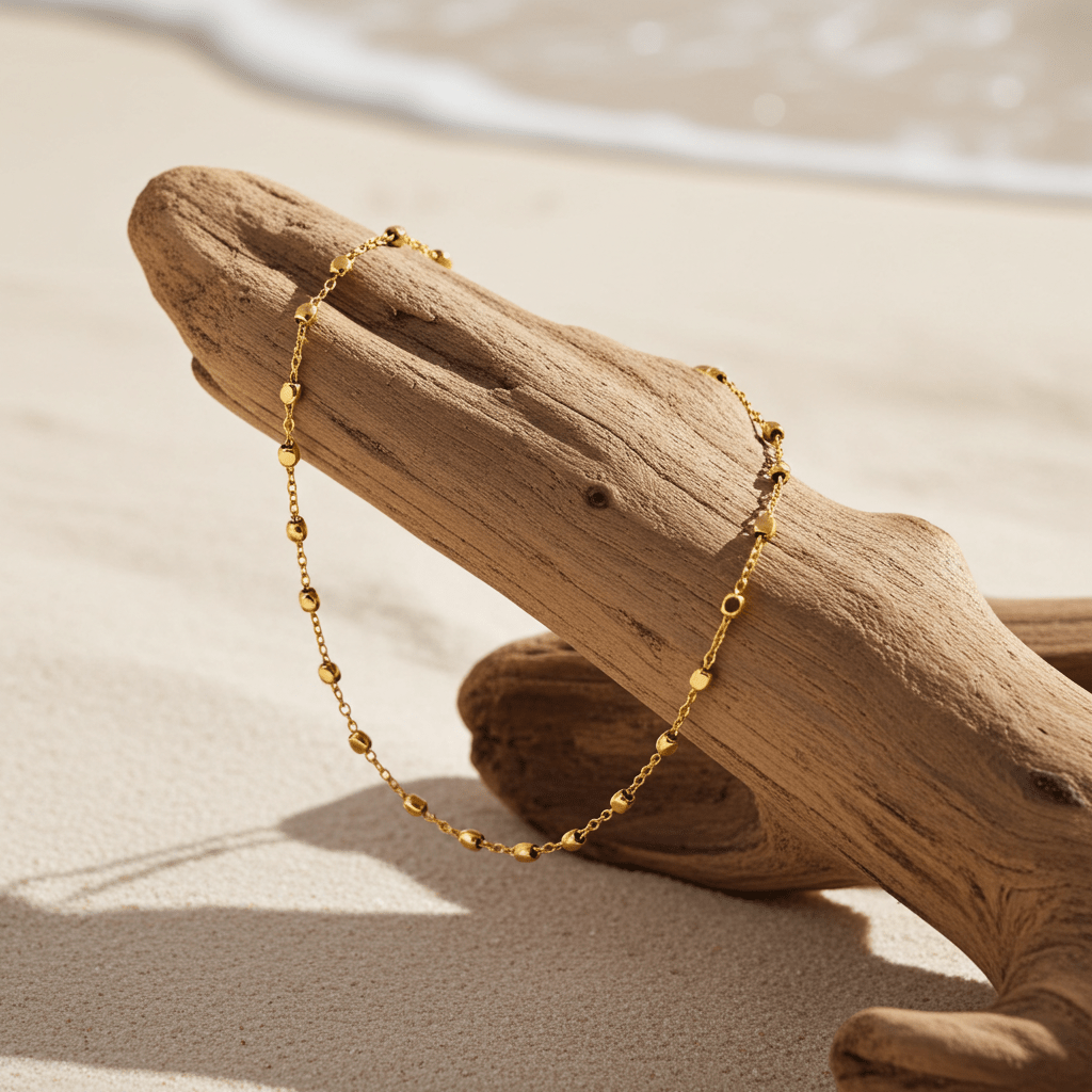 DEMELZA LG: Contemporary Gold Anklet with Delicate Square Beads - MacroPanora