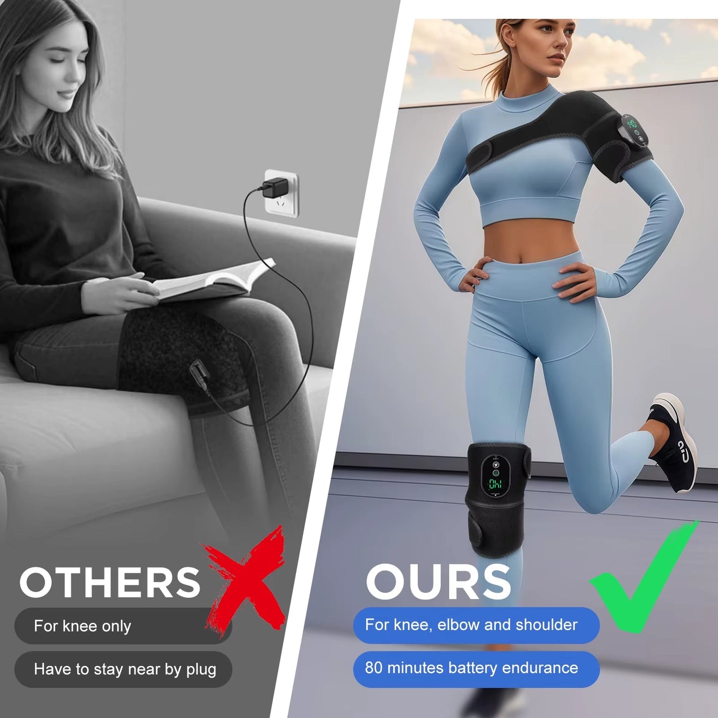 Electric Cordless Thermal Knee Pad Brace Massager 3 in 1 for Shoulder Elbow Joint Care Knee Support Muscle Relax Hot Compress - MacroPanora