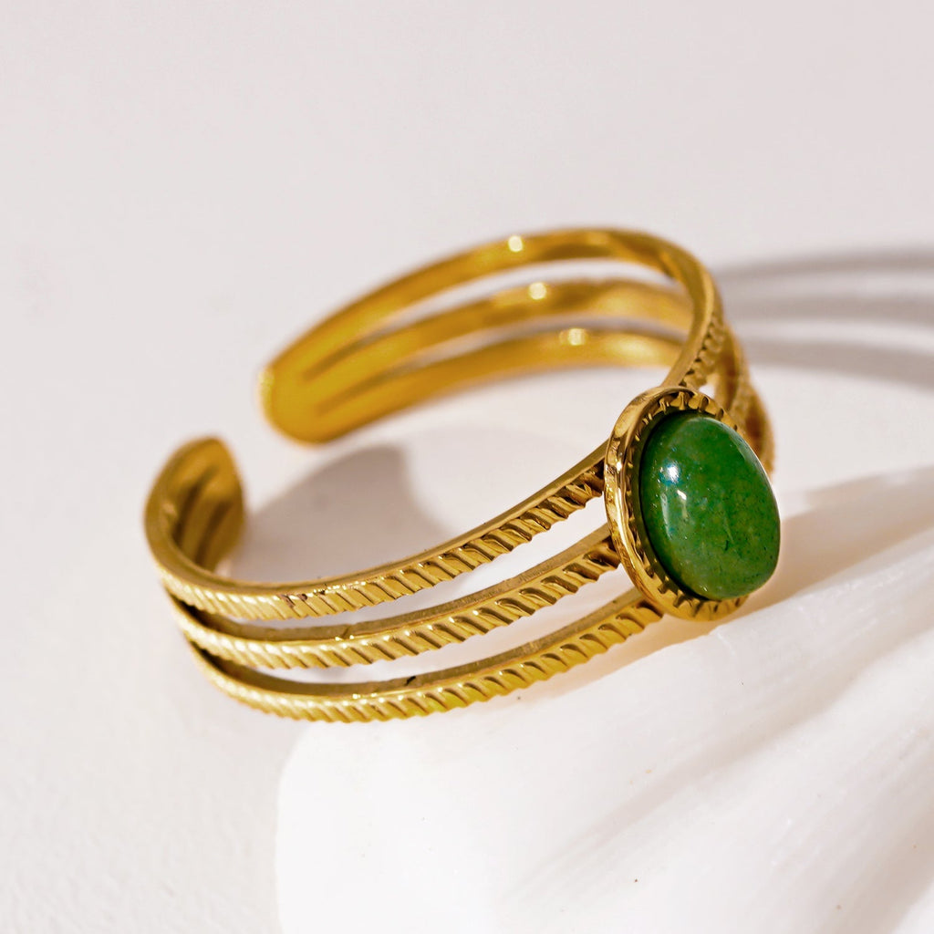 ELMARIE: Triple Banded Textured Ring with Green Aventurine Stone Centre Piece - MacroPanora