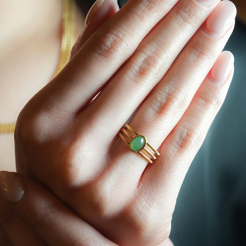 ELMARIE: Triple Banded Textured Ring with Green Aventurine Stone Centre Piece - MacroPanora