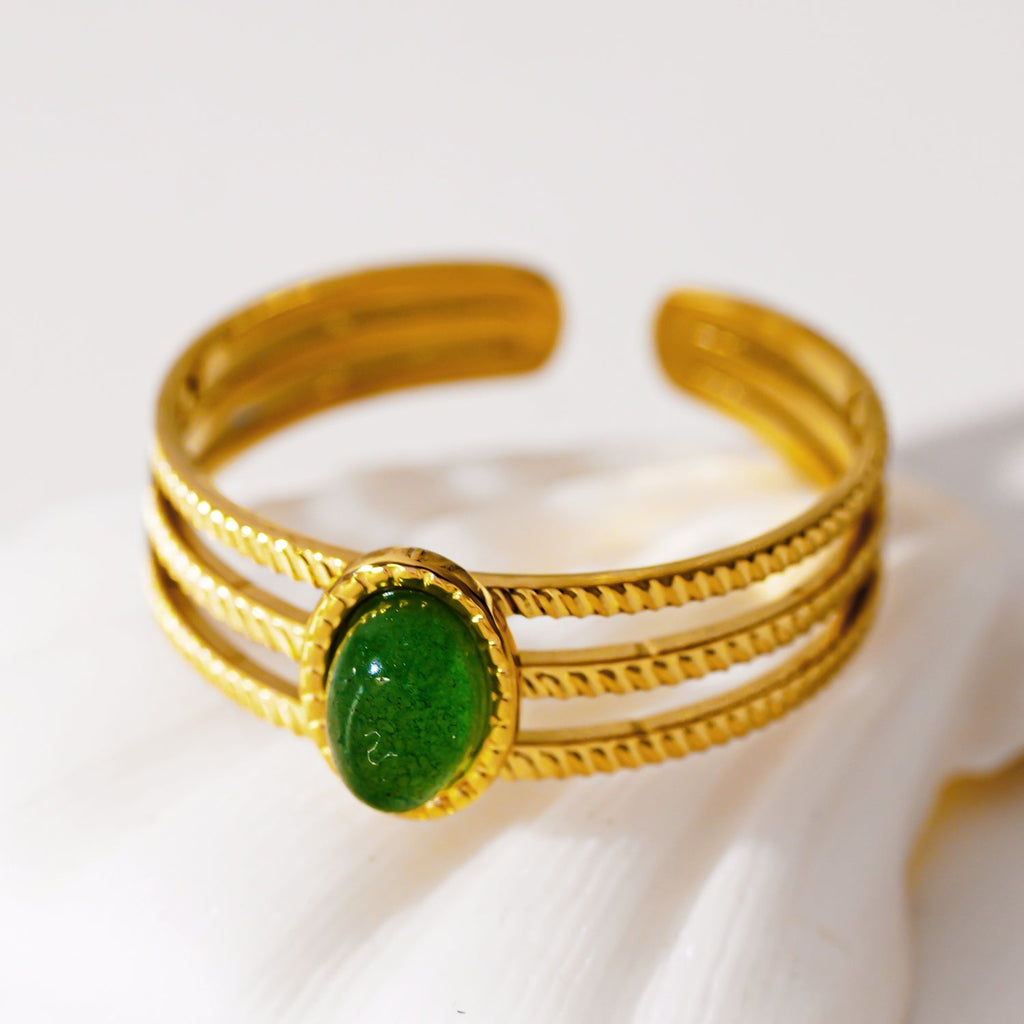 ELMARIE: Triple Banded Textured Ring with Green Aventurine Stone Centre Piece - MacroPanora