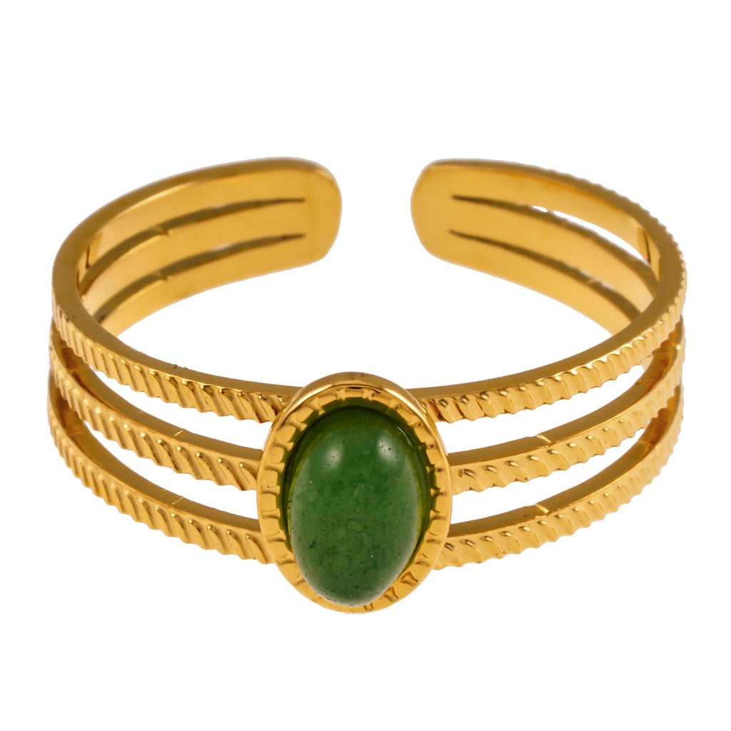 ELMARIE: Triple Banded Textured Ring with Green Aventurine Stone Centre Piece - MacroPanora