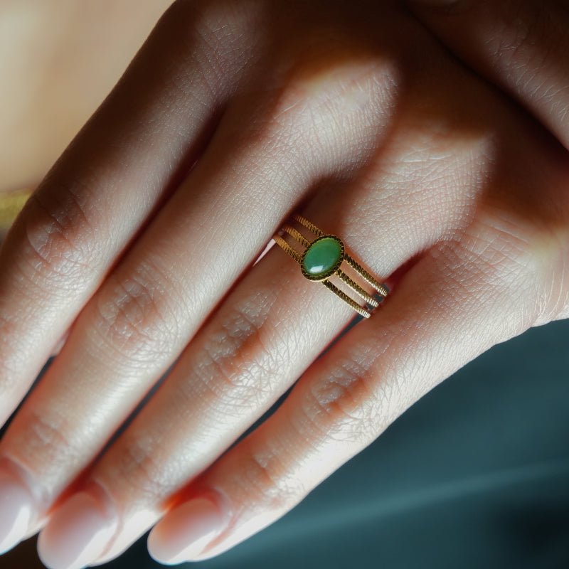 ELMARIE: Triple Banded Textured Ring with Green Aventurine Stone Centre Piece - MacroPanora