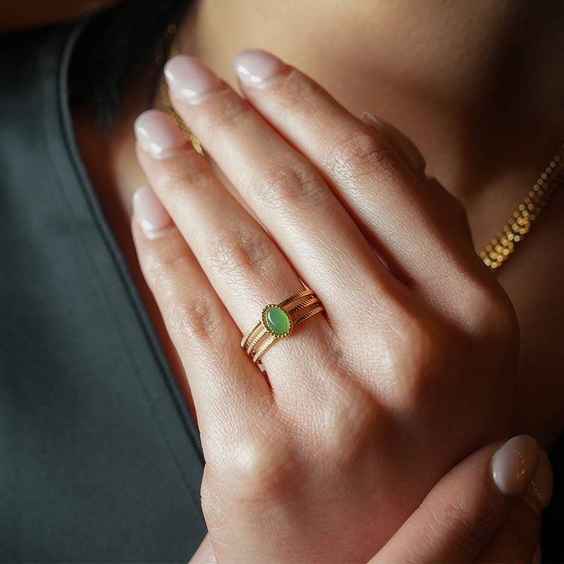 ELMARIE: Triple Banded Textured Ring with Green Aventurine Stone Centre Piece - MacroPanora