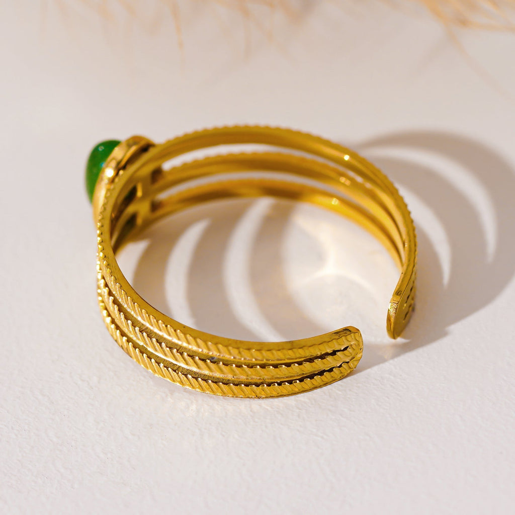 ELMARIE: Triple Banded Textured Ring with Green Aventurine Stone Centre Piece - MacroPanora