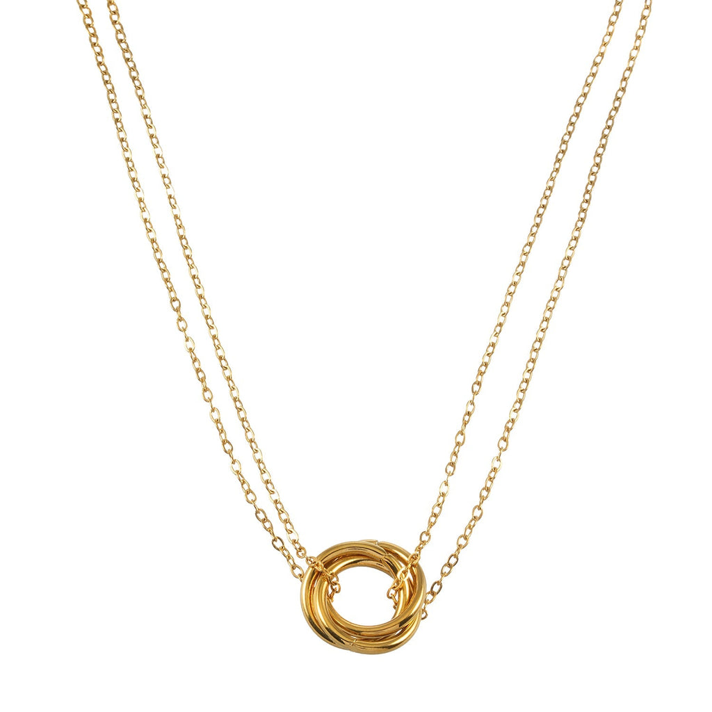 ELVIRA Gold: Double Chain Dainty Necklace with Intertwined 3 - Ring Pendant – Symbol of Love, Unity & Eternity - MacroPanora