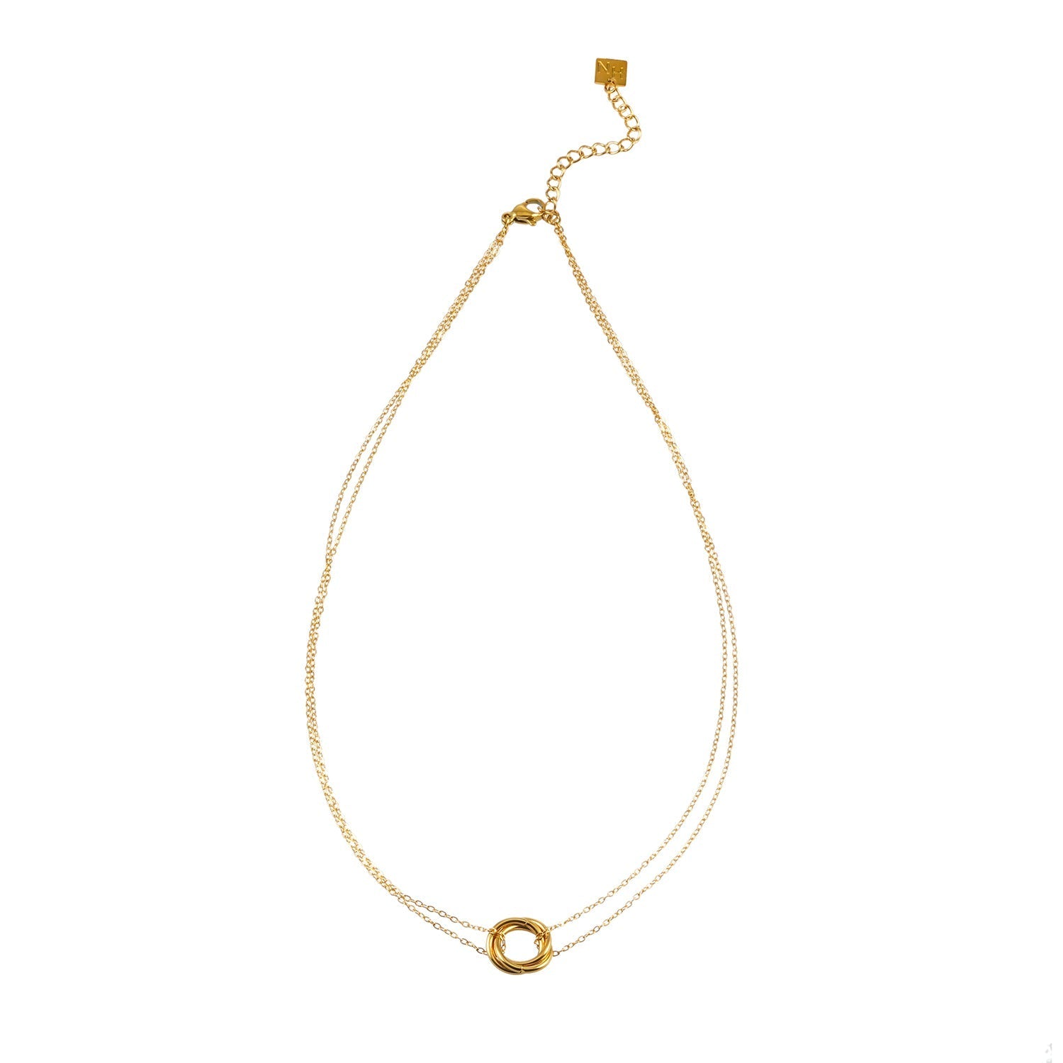 ELVIRA Gold: Double Chain Dainty Necklace with Intertwined 3 - Ring Pendant – Symbol of Love, Unity & Eternity - MacroPanora