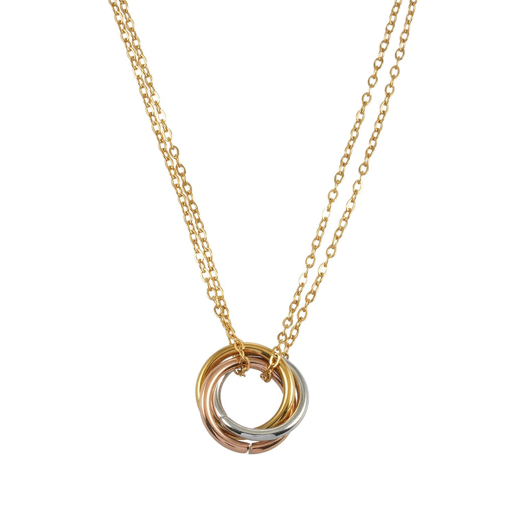 ELVIRA Mixed Metals: Double Chain Dainty Necklace with Intertwined 3 - Ring Pendant – Symbol of Love, Unity & Eternity - MacroPanora