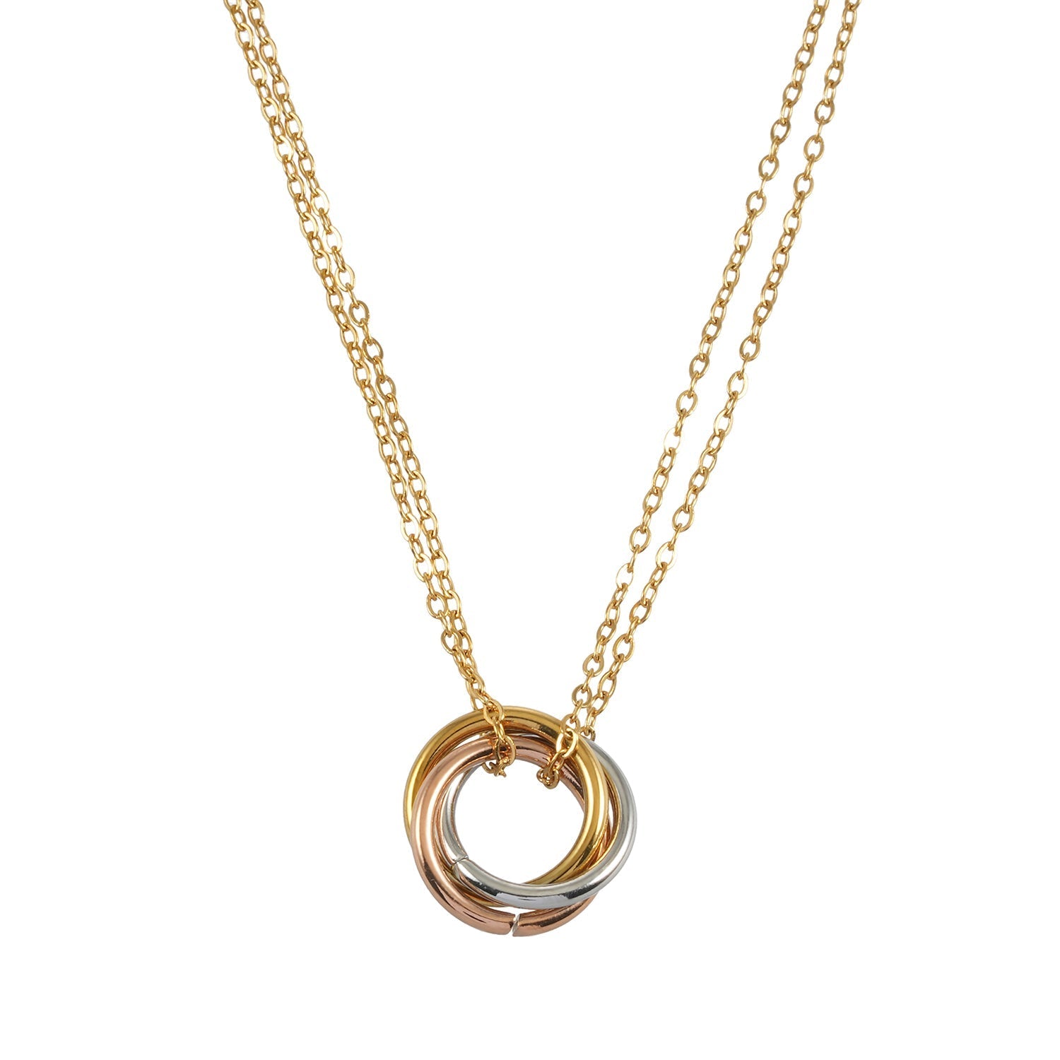 ELVIRA Mixed Metals: Double Chain Dainty Necklace with Intertwined 3 - Ring Pendant – Symbol of Love, Unity & Eternity - MacroPanora
