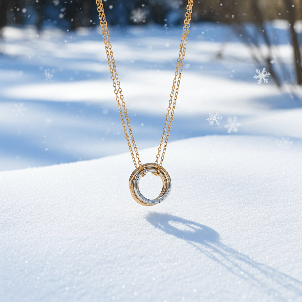 ELVIRA Mixed Metals: Double Chain Dainty Necklace with Intertwined 3-Ring Pendant – Symbol of Love, Unity & Eternity - MacroPanora