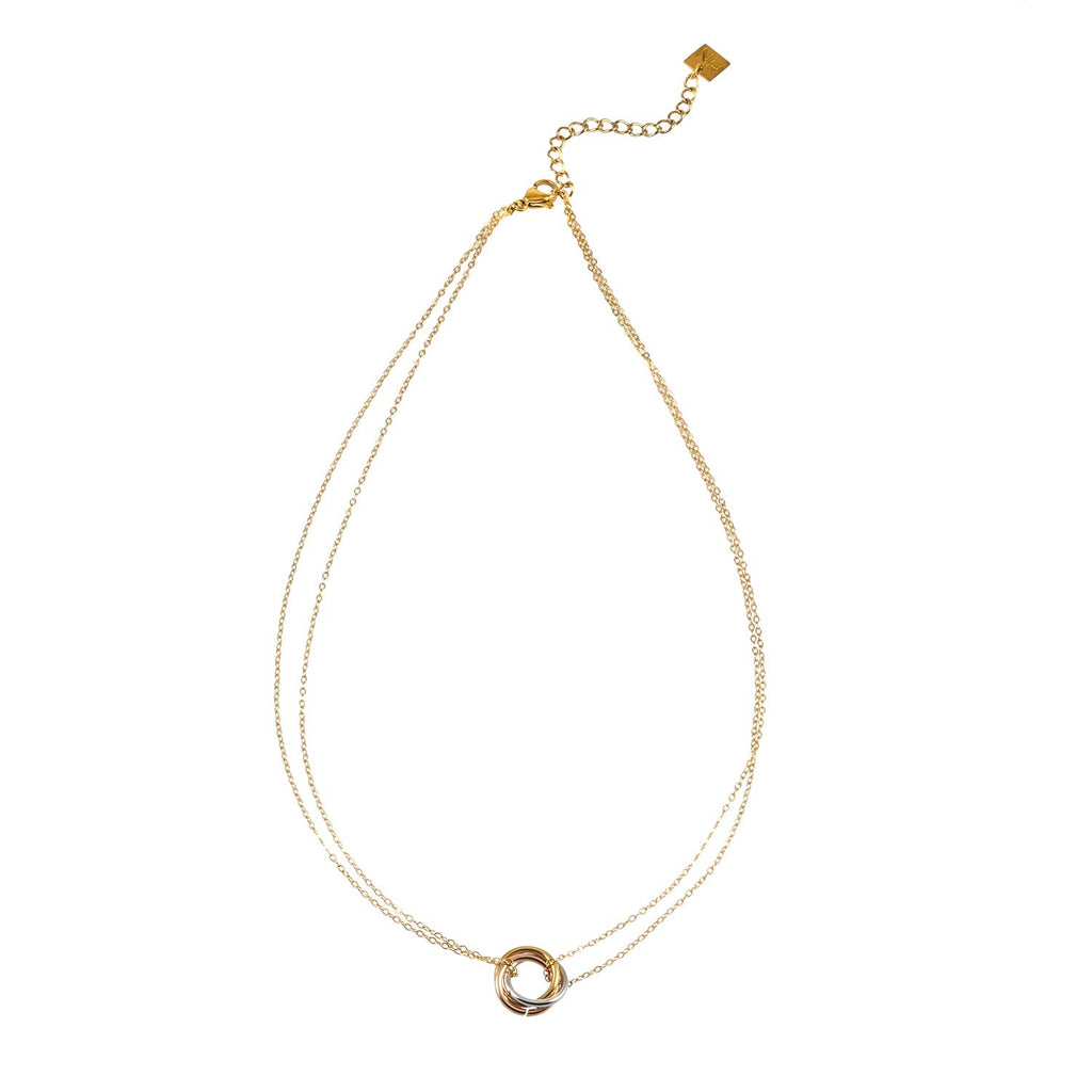 ELVIRA Mixed Metals: Double Chain Dainty Necklace with Intertwined 3 - Ring Pendant – Symbol of Love, Unity & Eternity - MacroPanora