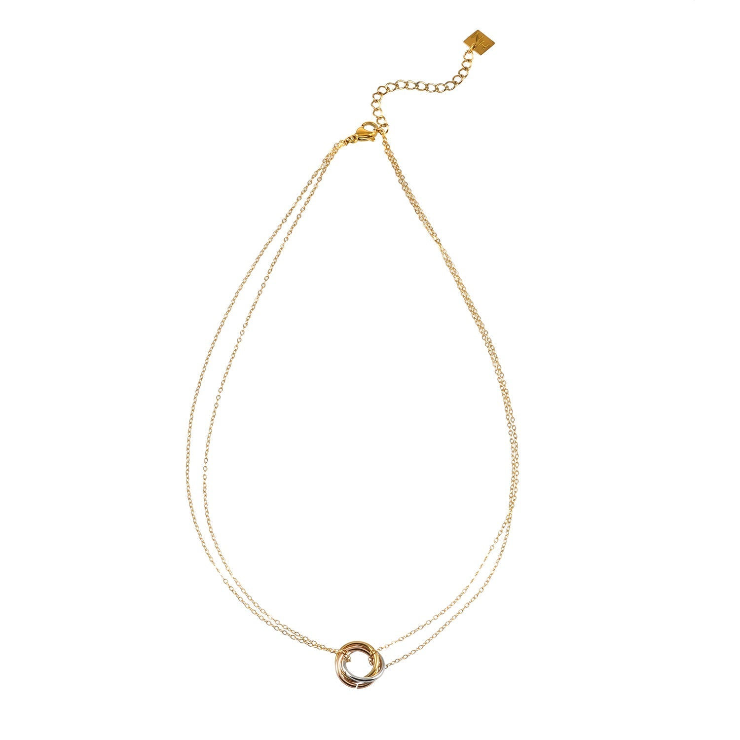 ELVIRA Mixed Metals: Double Chain Dainty Necklace with Intertwined 3 - Ring Pendant – Symbol of Love, Unity & Eternity - MacroPanora