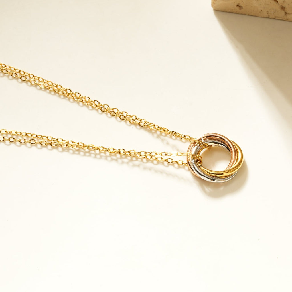ELVIRA Mixed Metals: Double Chain Dainty Necklace with Intertwined 3 - Ring Pendant – Symbol of Love, Unity & Eternity - MacroPanora