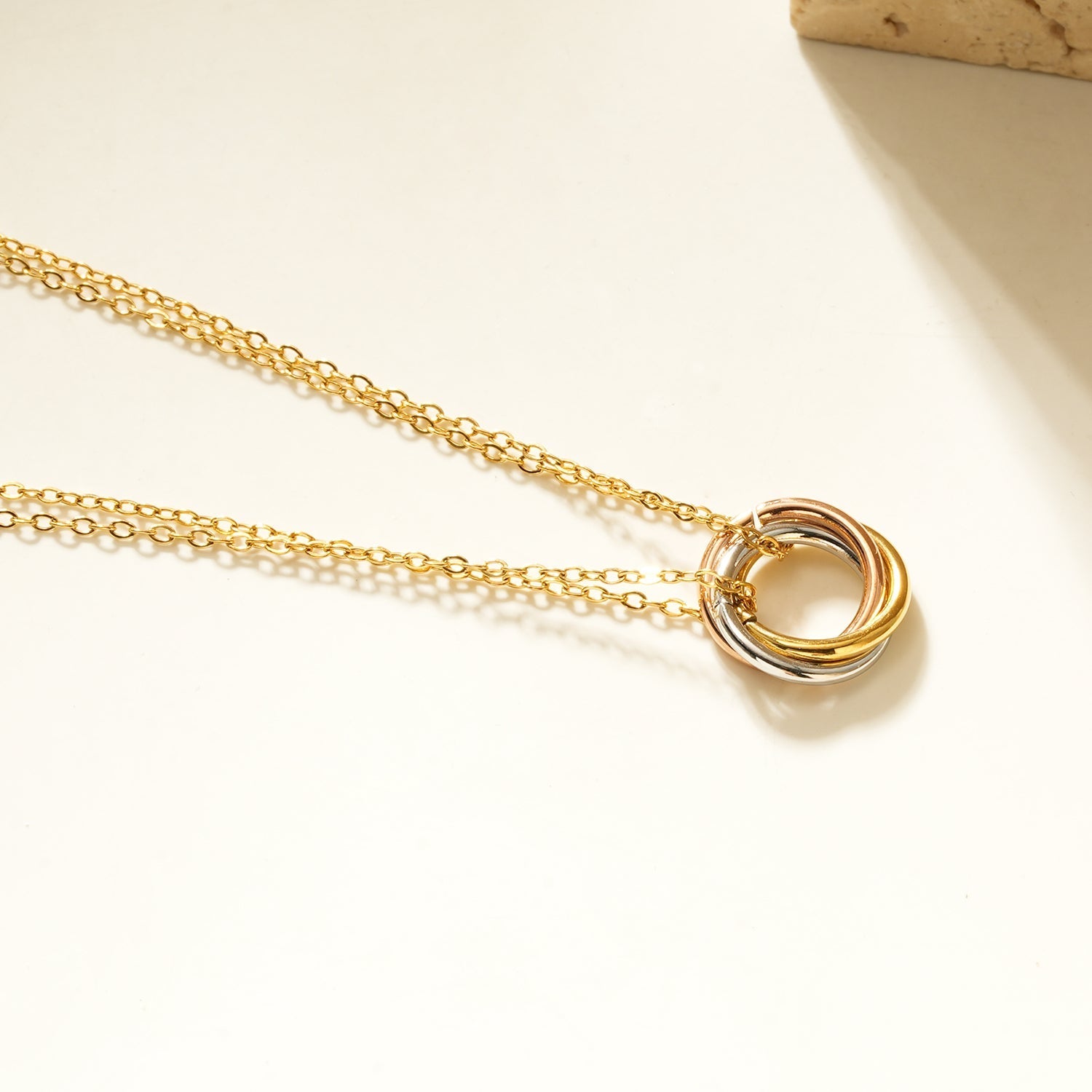 ELVIRA Mixed Metals: Double Chain Dainty Necklace with Intertwined 3 - Ring Pendant – Symbol of Love, Unity & Eternity - MacroPanora