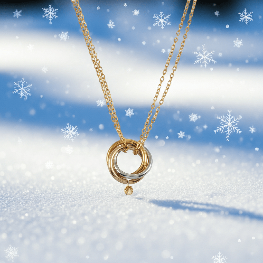 ELVIRA Mixed Metals: Double Chain Dainty Necklace with Intertwined 3-Ring Pendant – Symbol of Love, Unity & Eternity - MacroPanora