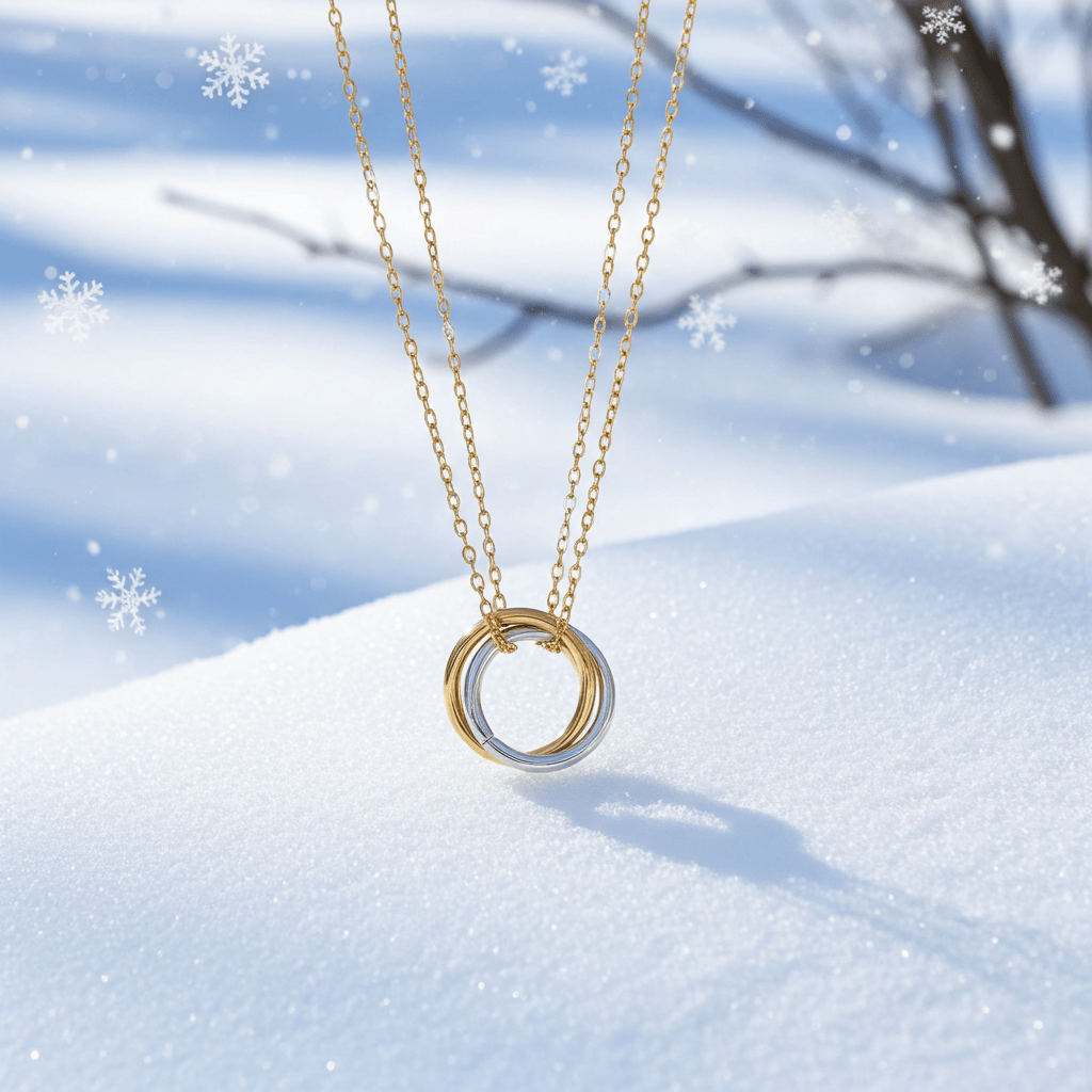 ELVIRA Mixed Metals: Double Chain Dainty Necklace with Intertwined 3-Ring Pendant – Symbol of Love, Unity & Eternity - MacroPanora