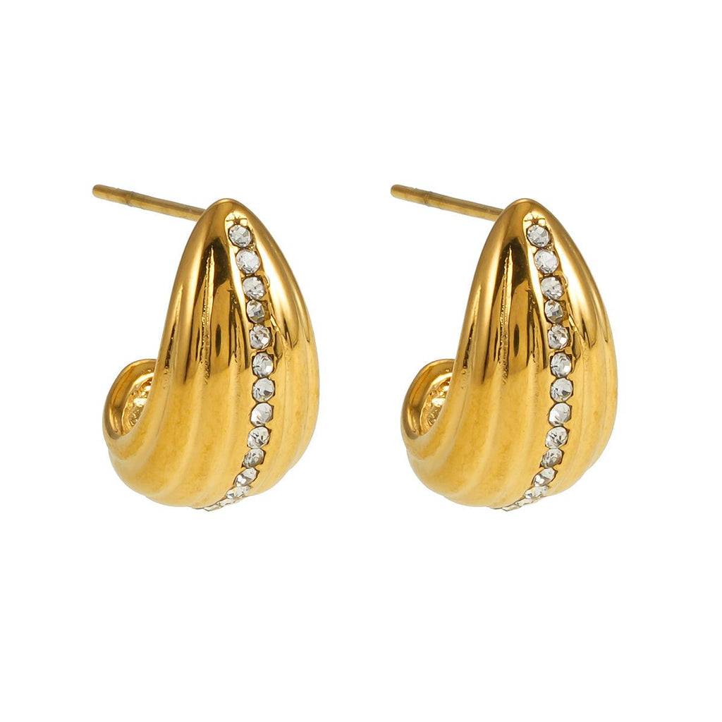 FERNDALE Gold: Stud Earrings with Textured Lines Highlighted with a Pavé Zirconia (CZ) Middle Row - MacroPanora
