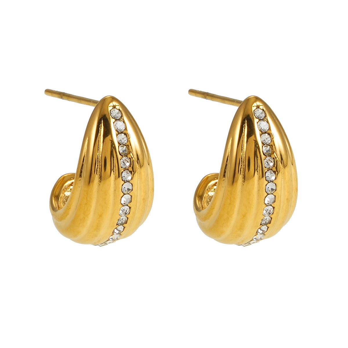 FERNDALE Gold: Stud Earrings with Textured Lines Highlighted with a Pavé Zirconia (CZ) Middle Row - MacroPanora