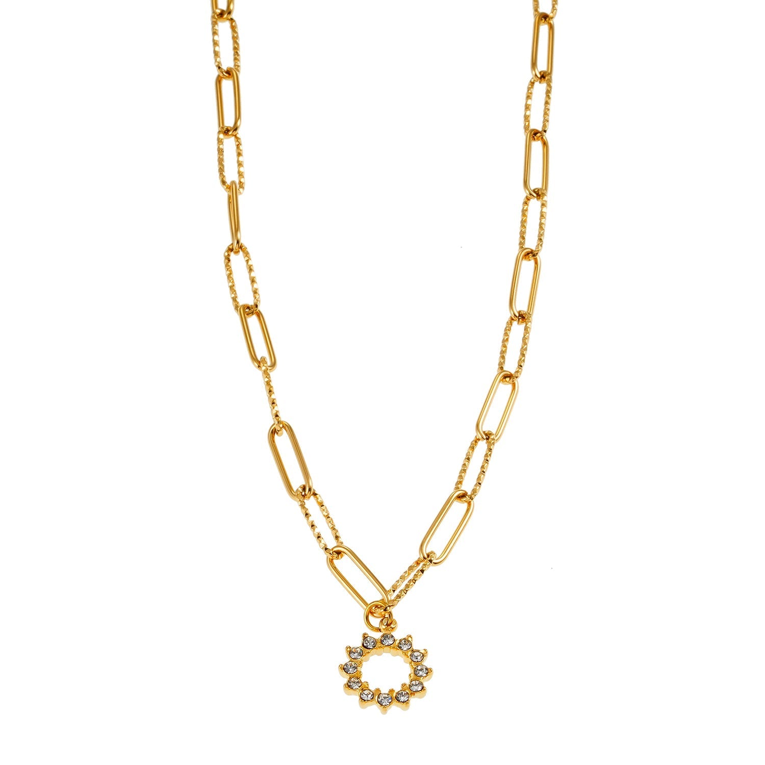 FRETTA: Radiant Star Shaped Pendant Zirconia Paper - Clip Chain Necklace in Gold. - MacroPanora