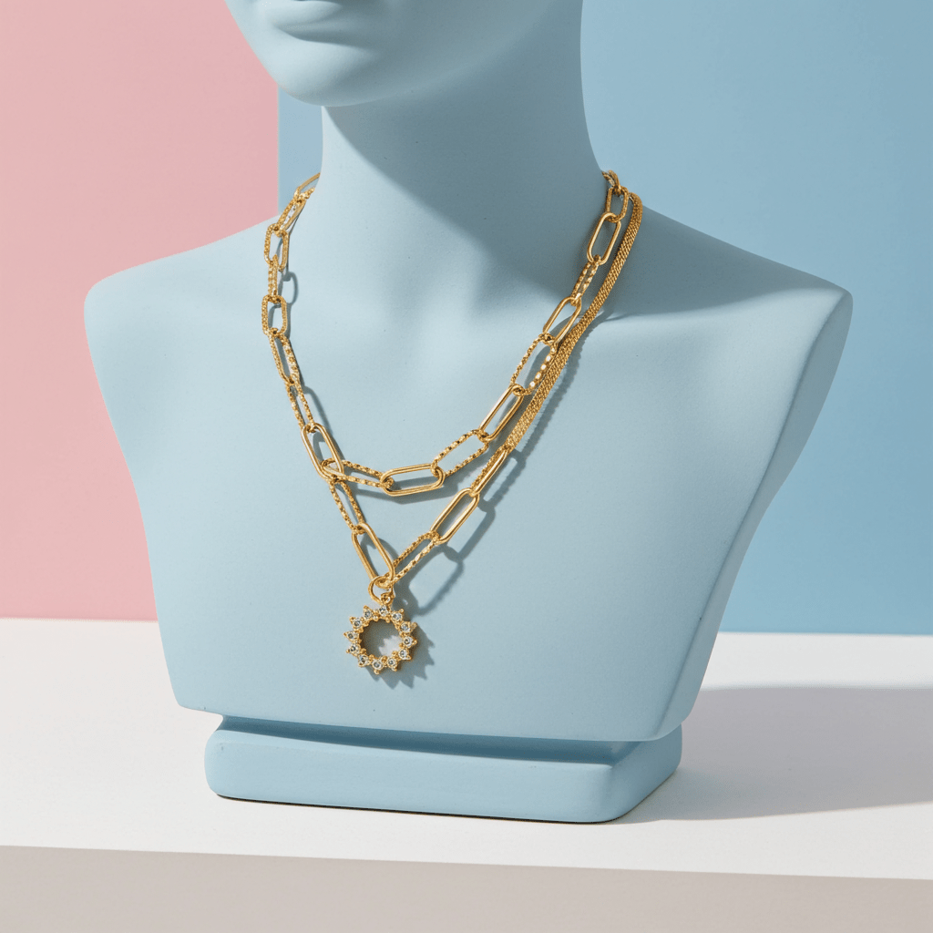 FRETTA: Radiant Star Shaped Pendant Zirconia Paper-Clip Chain Necklace in Gold. - MacroPanora