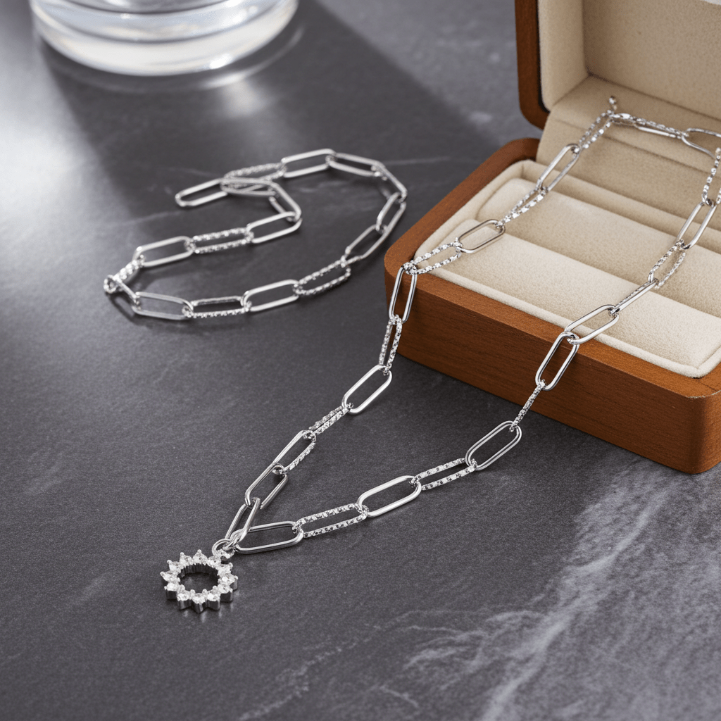 FRETTA: Radiant Star Shaped Pendant Zirconia Paper-Clip Chain Necklace in White Gold (Silver Toned) - MacroPanora