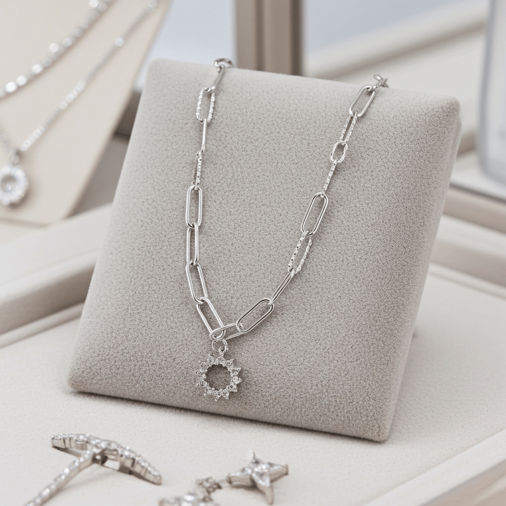 FRETTA: Radiant Star Shaped Pendant Zirconia Paper-Clip Chain Necklace in White Gold (Silver Toned) - MacroPanora