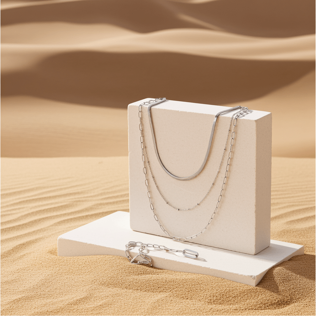 GEILNAR: Triple Layer Mixed-Chain Necklace in Silver - MacroPanora