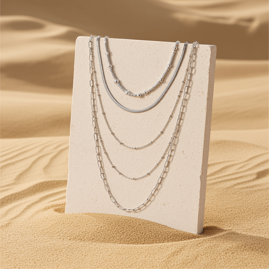 GEILNAR: Triple Layer Mixed-Chain Necklace in Silver - MacroPanora
