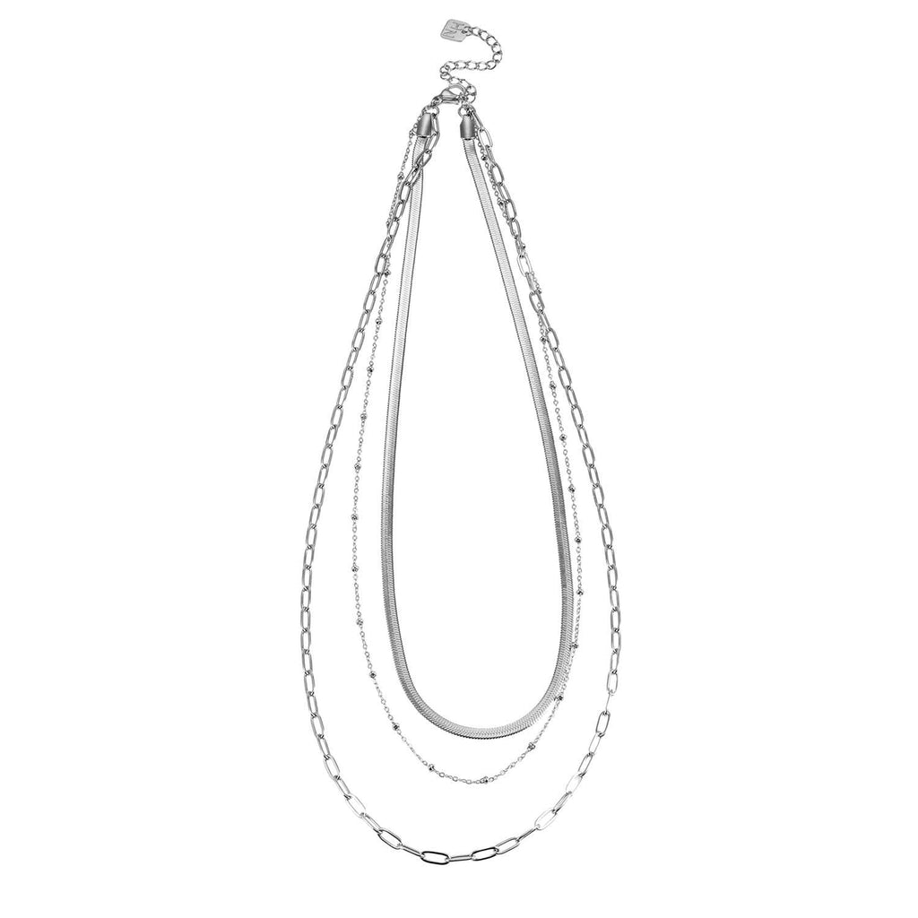 GEILNAR: Triple Layer Mixed - Chain Necklace in Silver - MacroPanora