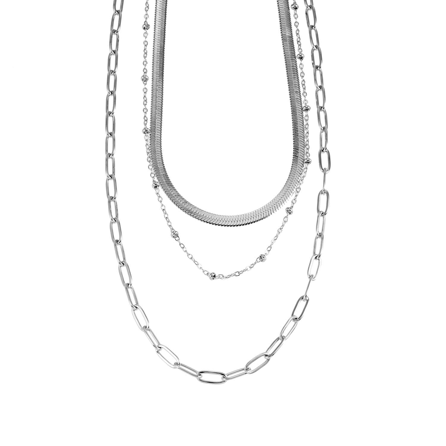 GEILNAR: Triple Layer Mixed - Chain Necklace in Silver - MacroPanora