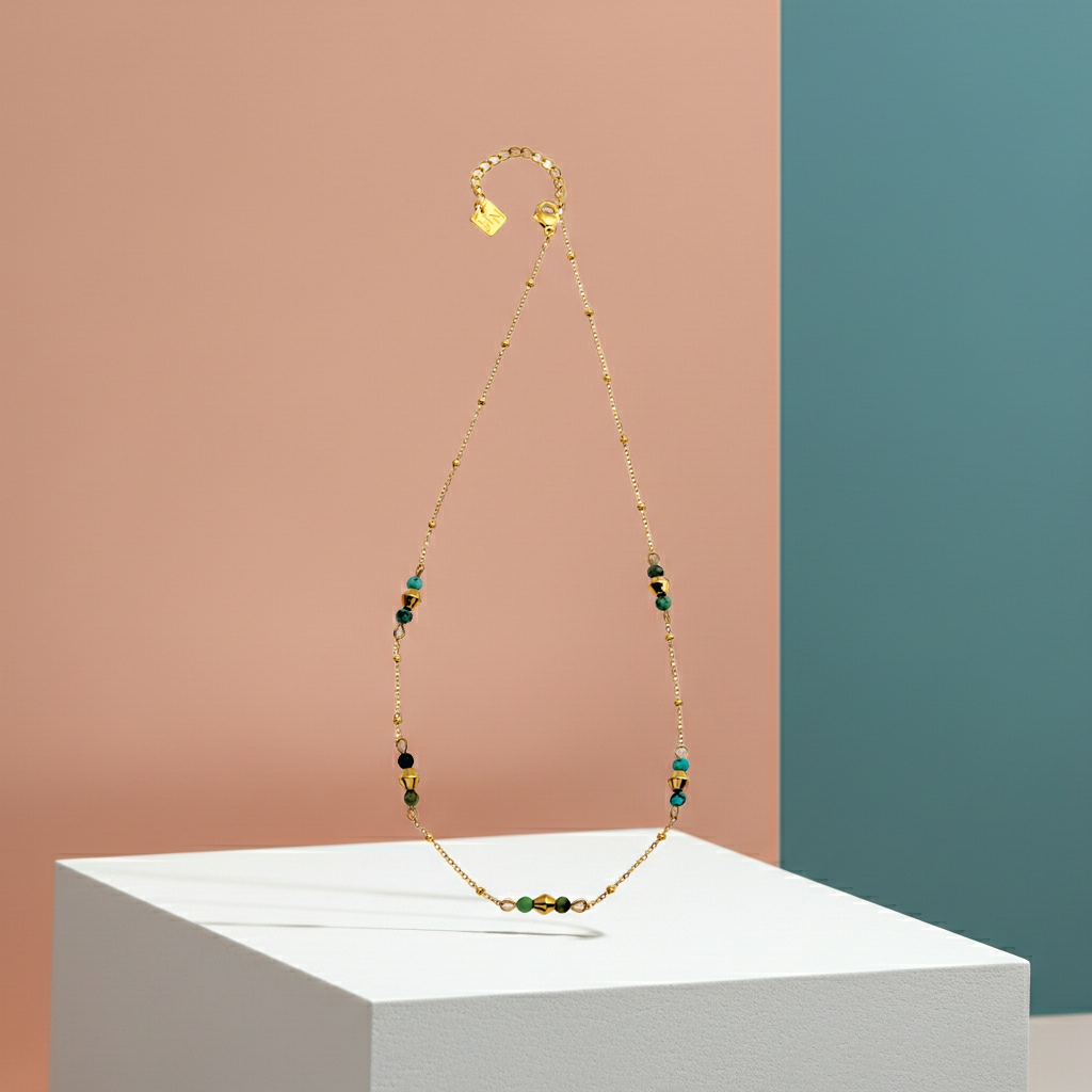 IMANI: Mix Bead Dainty Chain Necklace featuring Natural Stones & White Gold (Silver Toned) Metal