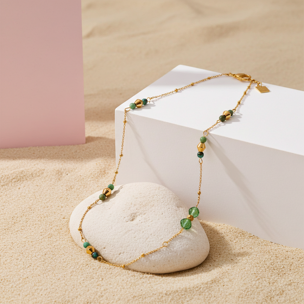 IMANI: Mix Bead Dainty Chain Necklace featuring Natural Stones & White Gold (Silver Toned) Metal