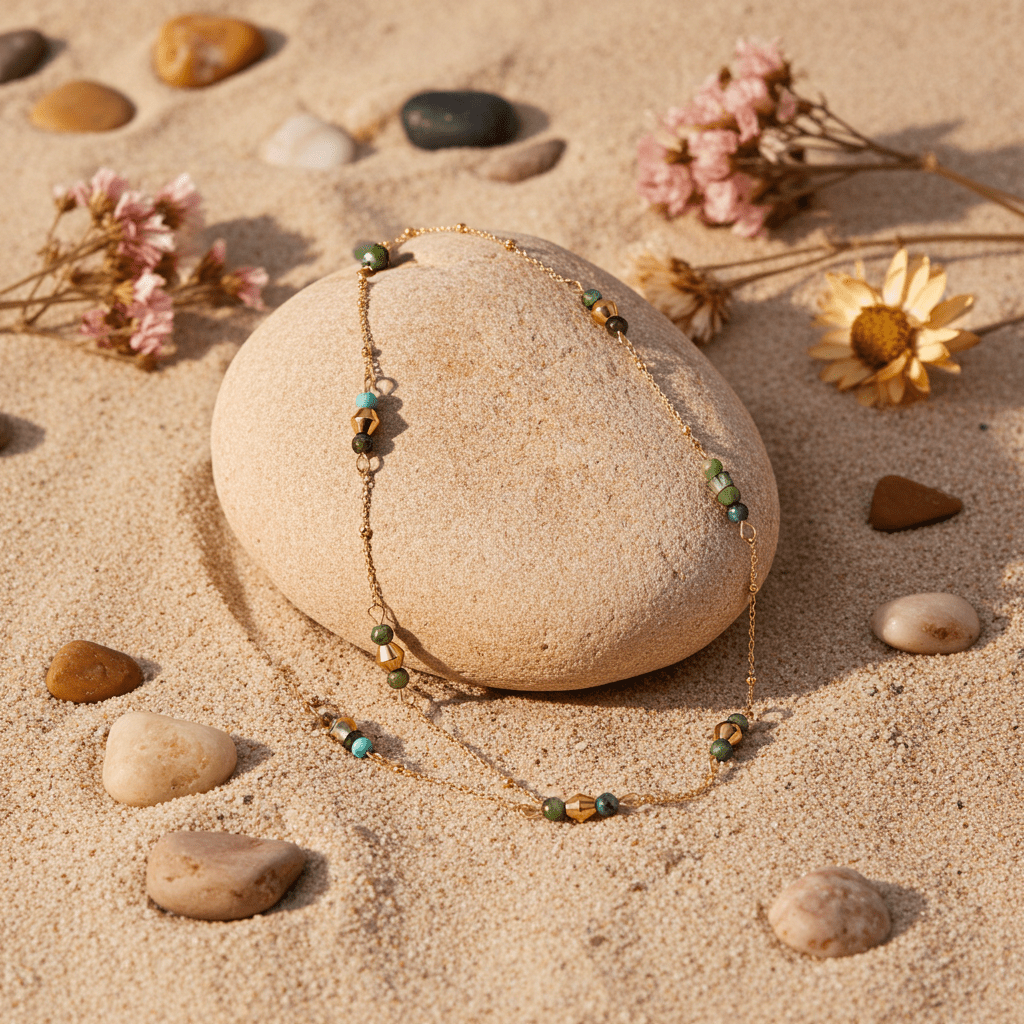IMANI: Mix Bead Dainty Chain Necklace featuring Natural Stones & White Gold (Silver Toned) Metal - MacroPanora