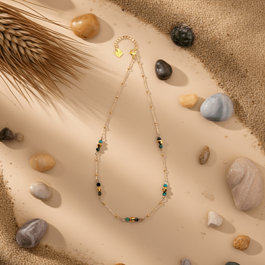 IMANI: Mix Bead Dainty Chain Necklace featuring Natural Stones & White Gold (Silver Toned) Metal - MacroPanora