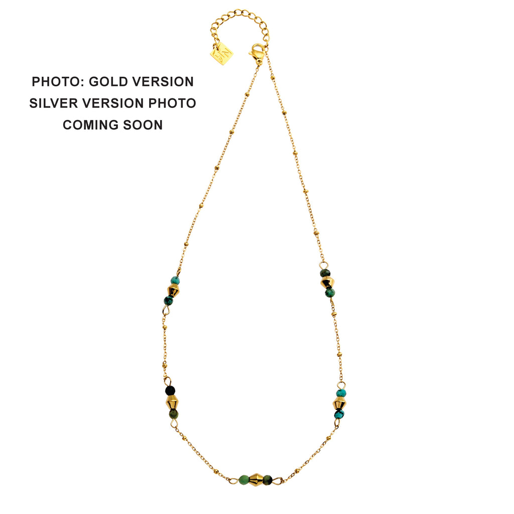 IMANI: Mix Bead Dainty Chain Necklace featuring Natural Stones & White Gold (Silver Toned) Metal - MacroPanora