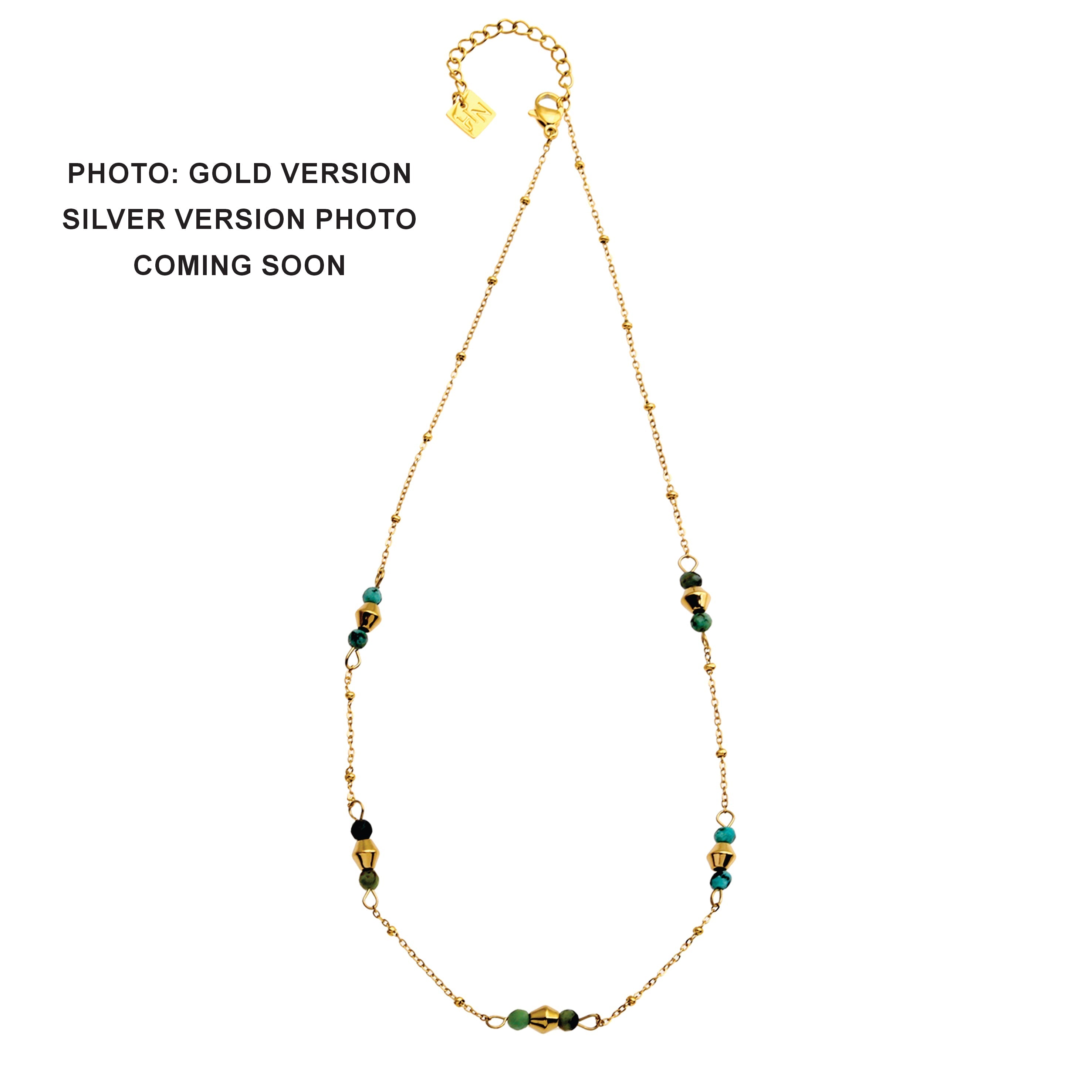 IMANI: Mix Bead Dainty Chain Necklace featuring Natural Stones & White Gold (Silver Toned) Metal - MacroPanora