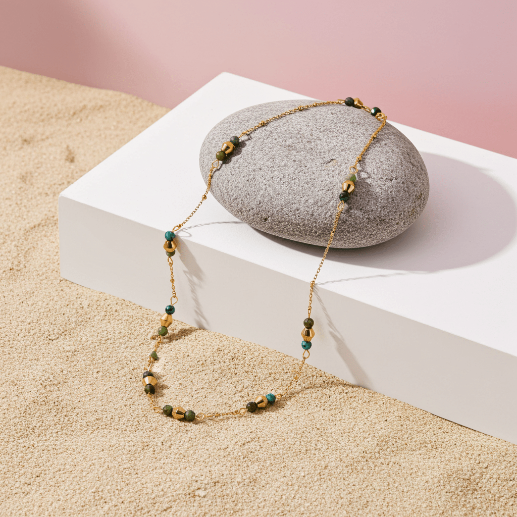IMANI: Mix Bead Dainty Chain Necklace featuring Natural Stones & White Gold (Silver Toned) Metal - MacroPanora