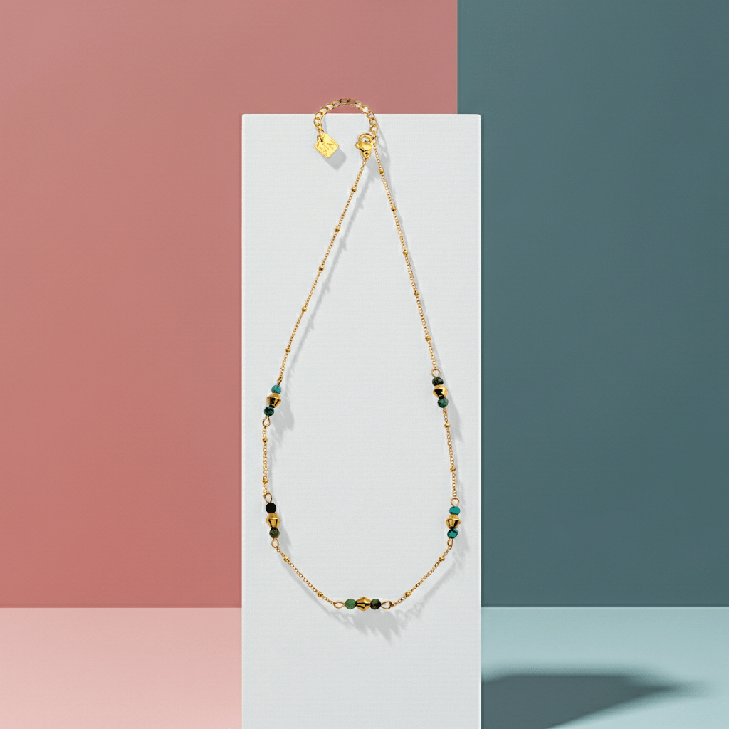 IMANI: Mix Bead Dainty Chain Necklace featuring Natural Stones & White Gold (Silver Toned) Metal - MacroPanora