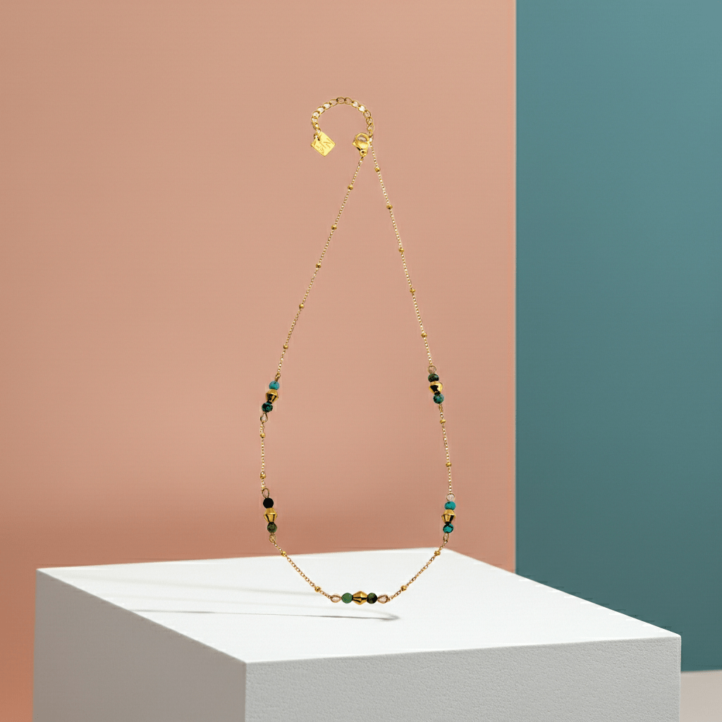 IMANI: Mix Bead Dainty Chain Necklace featuring Natural Stones & White Gold (Silver Toned) Metal - MacroPanora