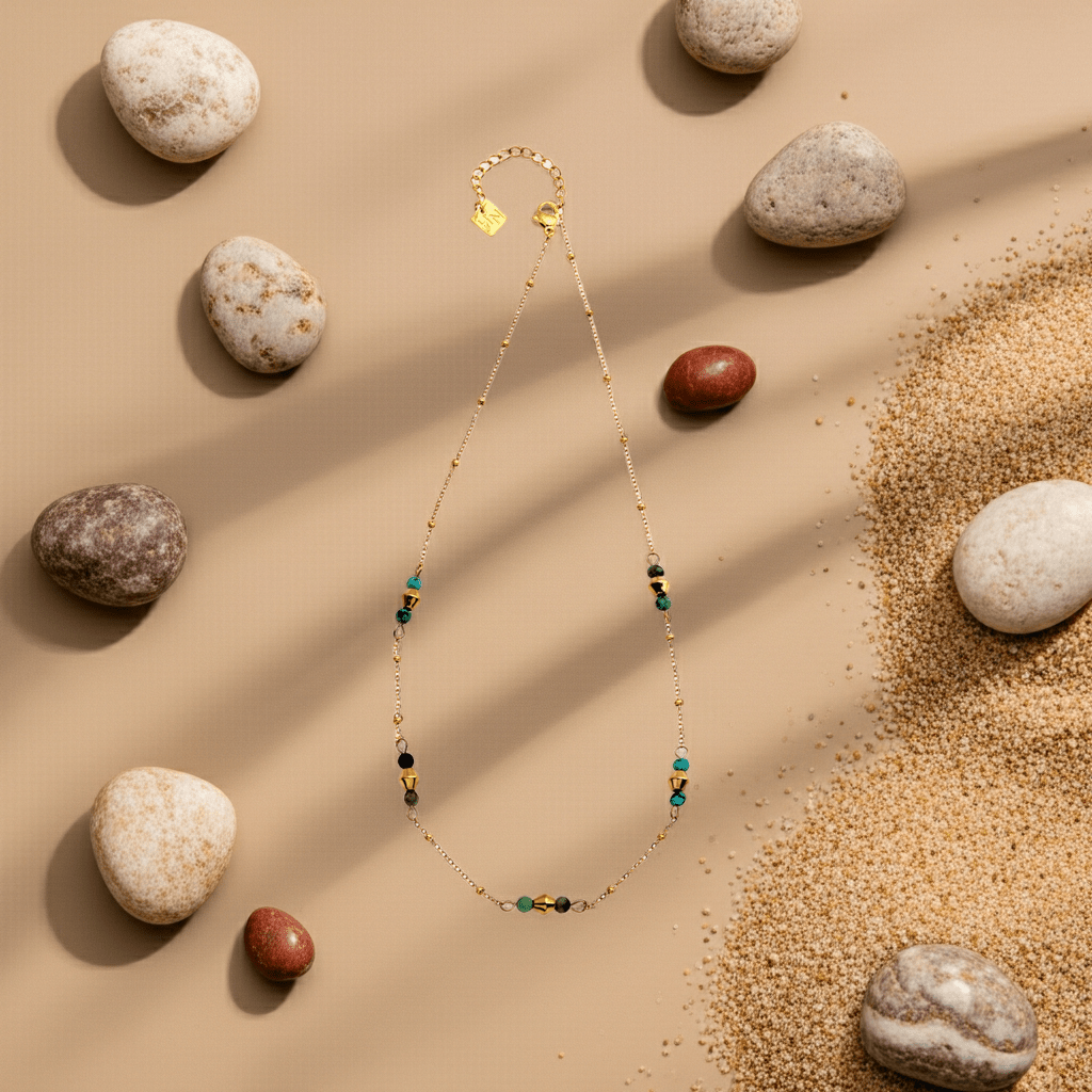 IMANI: Mix Bead Dainty Chain Necklace featuring Natural Stones & White Gold (Silver Toned) Metal - MacroPanora