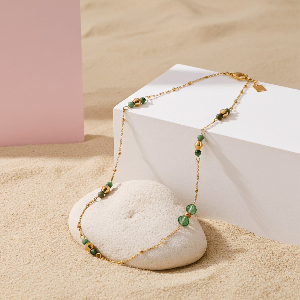 IMANI: Mix Bead Dainty Chain Necklace featuring Natural Stones & White Gold (Silver Toned) Metal - MacroPanora
