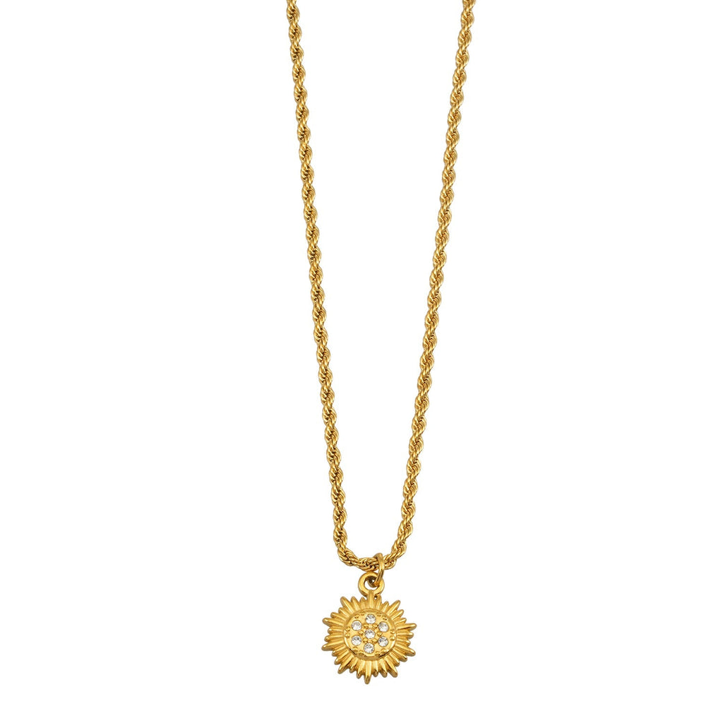 ISA Gold: Rope Chain Necklace with Pavé Zirconia Radiant Sun Pendant - MacroPanora