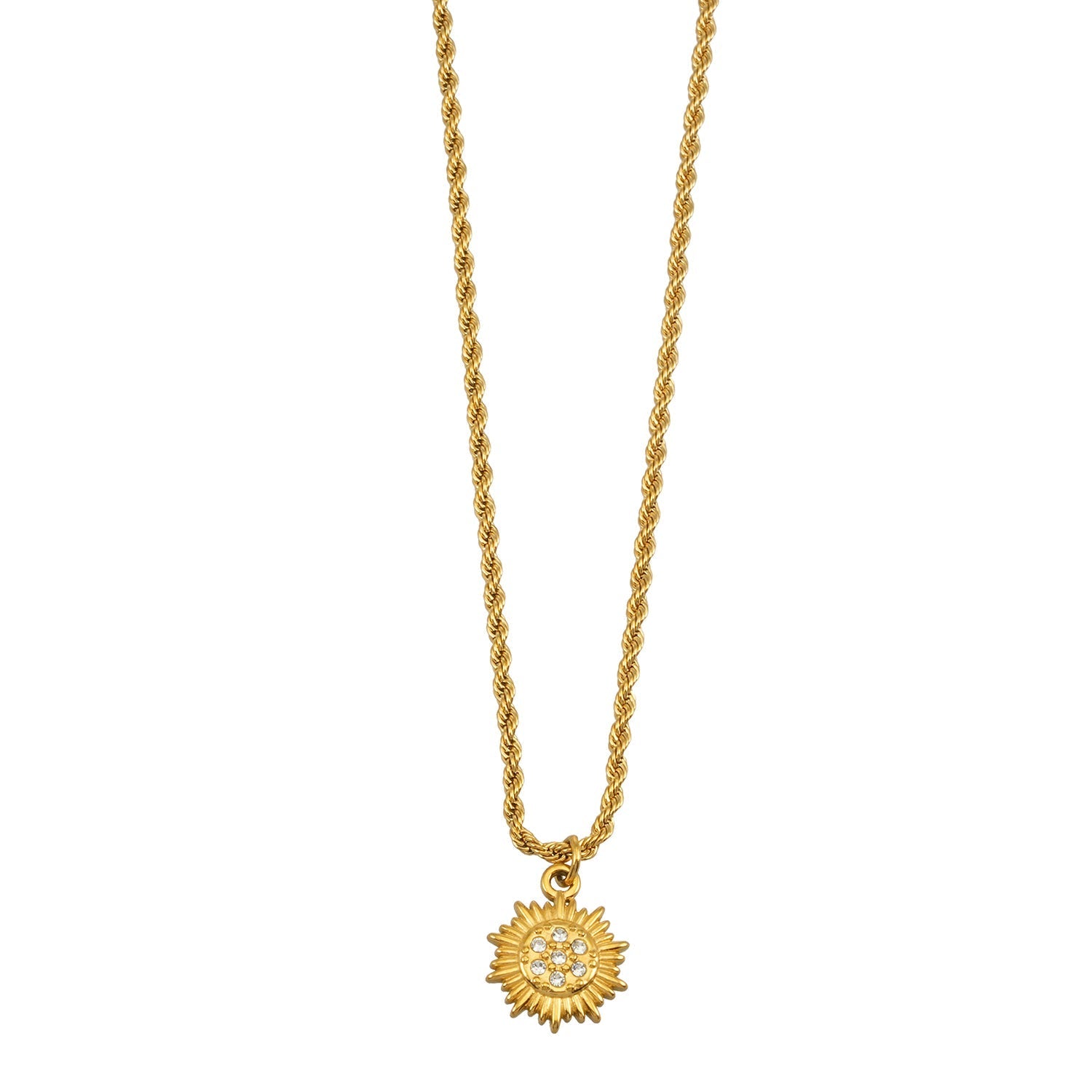 ISA Gold: Rope Chain Necklace with Pavé Zirconia Radiant Sun Pendant - MacroPanora